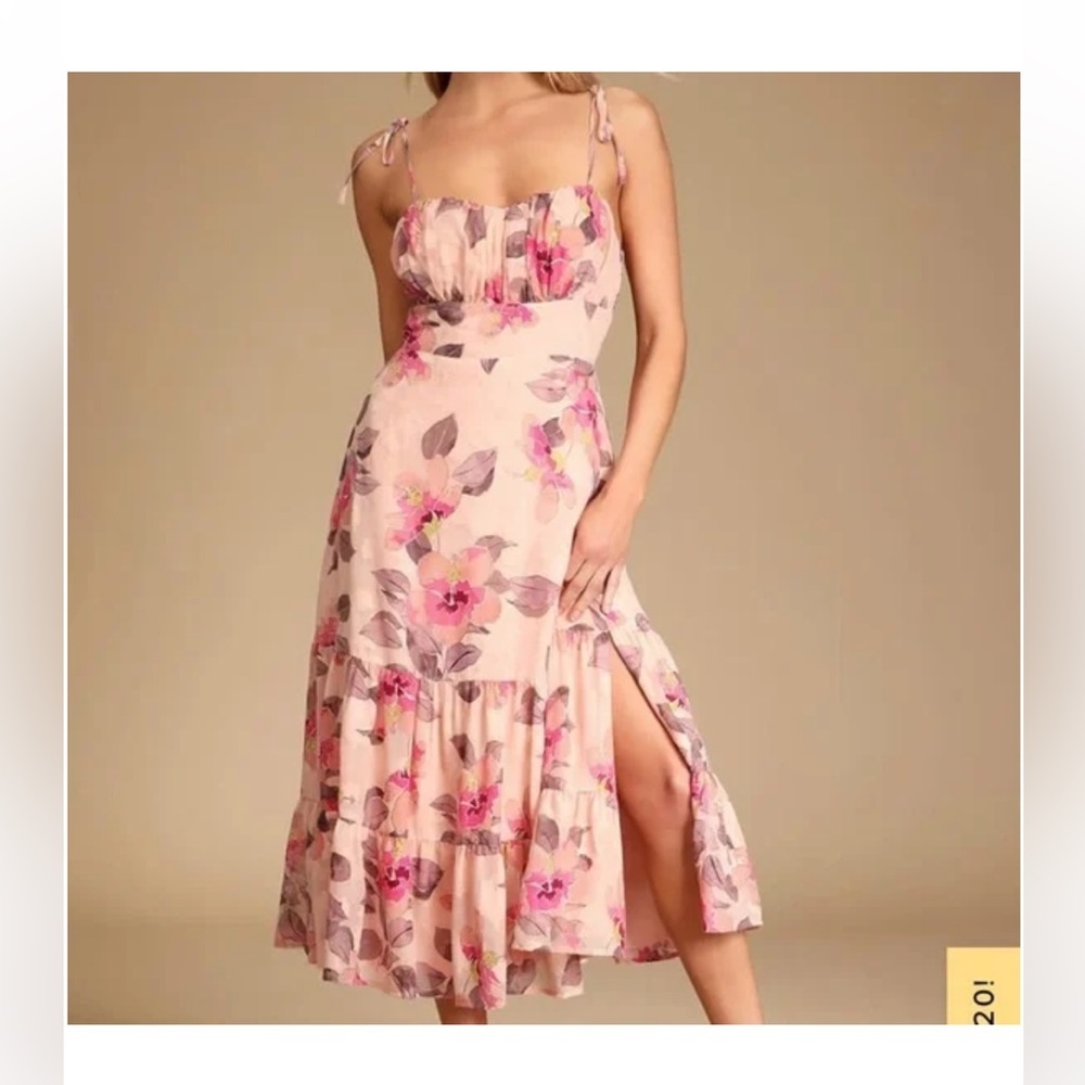 Lulu's Pink Floral Midi Dress with Tie Straps